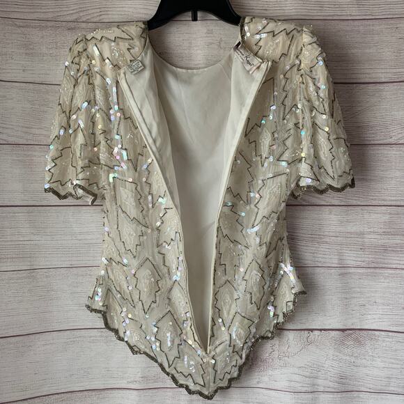 Vintage Lawrence Kazar White Evening Top Formal Beaded Sequin Blouse Size Medium - Picture 11 of 16